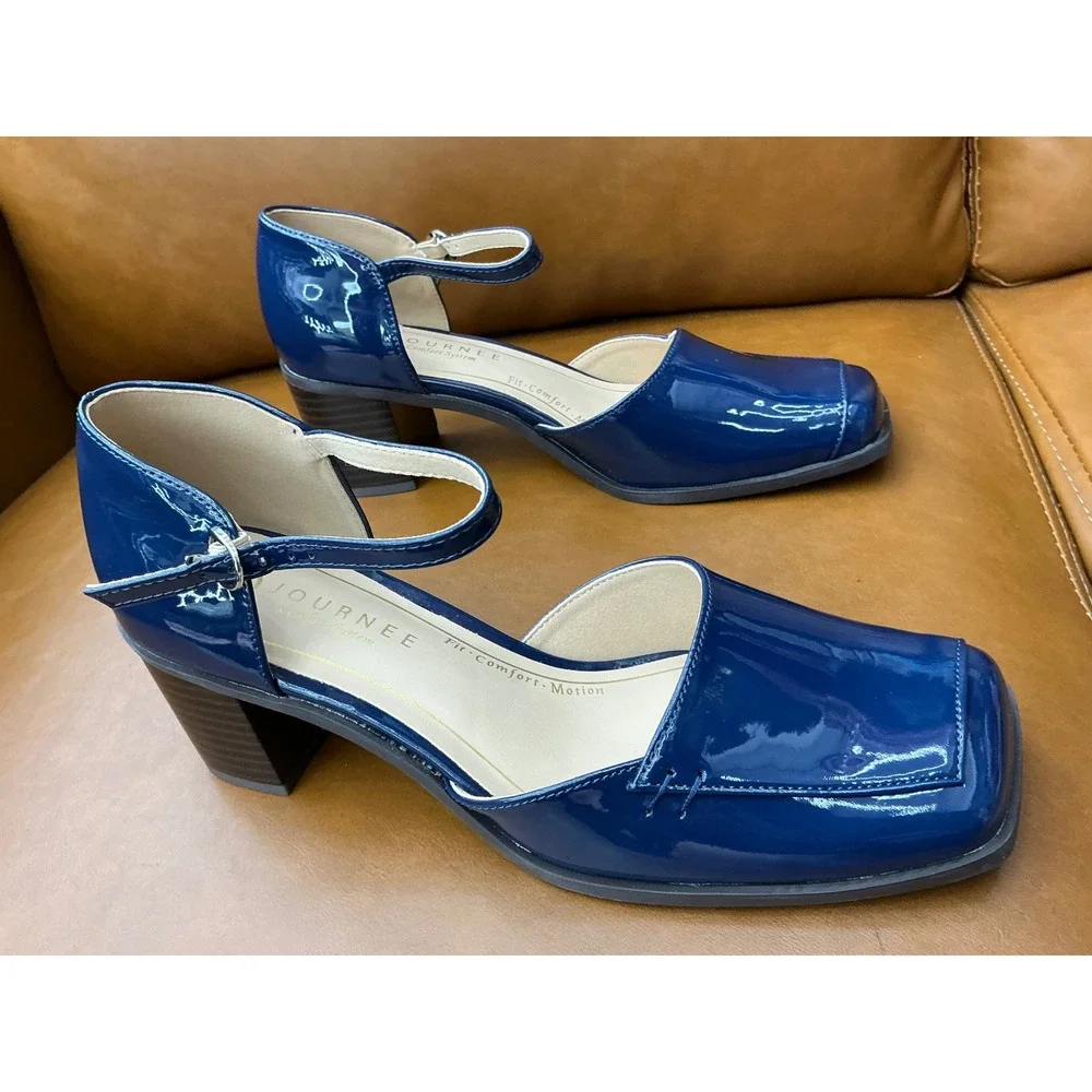 Journee Evangeline Pump Womens 9 Navy Blue Patent Mary Jane Block Heel